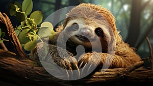 Cute sloth hanging on tree branch with funny face look. generative ai