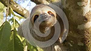Cute sloth hanging on tree branch with funny face. sloth in tree costa rica rainforest generative ai