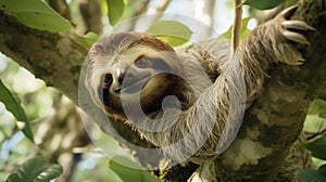 Cute sloth hanging on tree branch with funny face. sloth in tree costa rica rainforest generative ai