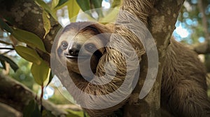 Cute sloth hanging on tree branch with funny face. sloth in tree costa rica rainforest generative ai