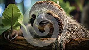 Cute sloth hanging on a tree branch in the jungle