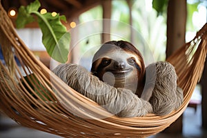 Cute sloth lying in hammock in forest. Generative AI