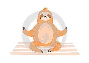Cute sloth meditate, sitting in yoga posture. Funny animal relaxing during meditation practice. Happy calm baby