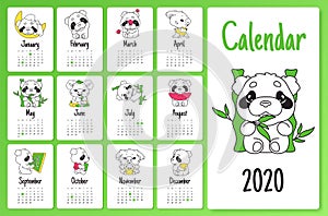 Cute sloth and panda 2020 calendar design template with cartoon kawaii characters