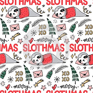 Cute Sloth seamless pattern, winter cozy background. Doodle lazy sloth bear sleeping with ugly sweater, christmas tree.