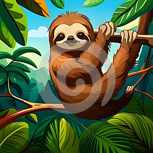 Cute sloth sits on a branch in the jungle, cartoon character