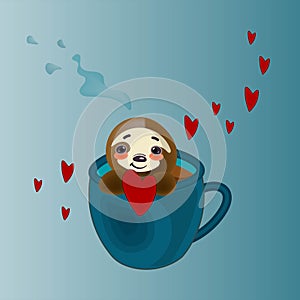 A cute sloth sits in a cup of coffee and gives you hearts.