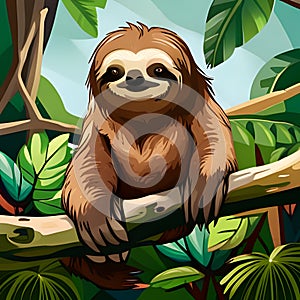 Cute sloth sits on a log in the jungle, cartoon character