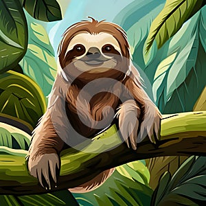 Cute sloth sits on a log in the jungle, cartoon character