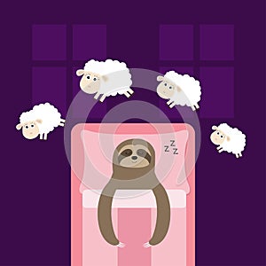 Cute sloth sleeping sign zzz. Jumping sheeps. Cant sleep going to bed concept. Counting sheep. Hands on blanket pillow. Animal set