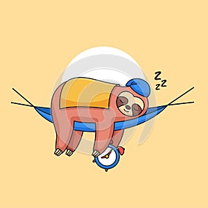 Cute sloth sleeping wearing blanket and holding alarm clock animal cartoon vector illustration