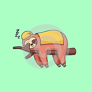 Cute sloth sleeping wearing blanket on twigs animal cartoon vector illustration