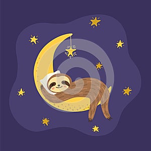 Cute sloth sleeps tight on the moon.