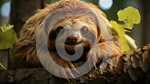 Cute sloth on the tree in the jungle. Animal portrait. Generative AI