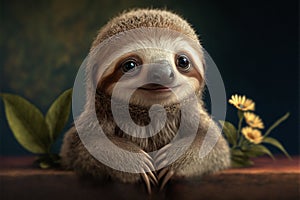 Cute sloth on a wooden platform with flowers