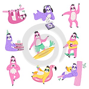 Cute sloths characters. Funny lazy animals do different things, wildlife fauna, branch hanging, yoga class, music