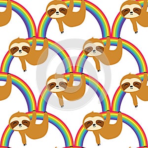 Cute Sloths on the Rainbow Seamless Pattern, sloths Repeat Pattern for textile design, fabric print, fashion or background