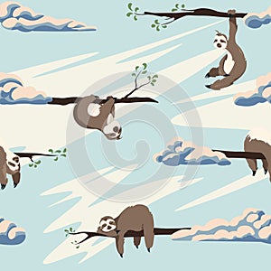 Cute sloths vector seamless pattern . Texture with cartoon animals and clouds on a blue sky background