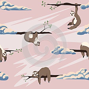 Cute sloths vector seamless pattern . Texture with cartoon animals and clouds on a pink background