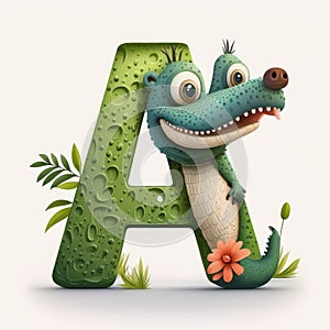 Cute small alligator in cartoon style standing near big green letter A on white background. children alphabet. AI