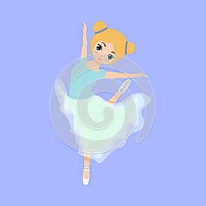 Cute small ballerina dancing. Ballerina girl in blue tutu dress. Beautiful kid flat cartoon vector illustration isolated on blue