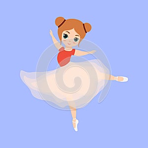 Cute small ballerina dancing. Ballerina girl in pink tutu dress. Beautiful kid flat cartoon vector illustration isolated on blue