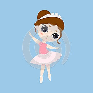 Cute small ballerina dancing. Ballerina girl in pink tutu dress. Beautiful kid flat cartoon vector illustration isolated on blue