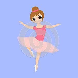 Cute small ballerina dancing. Ballerina girl in pink tutu dress. Beautiful kid flat cartoon vector illustration isolated on blue