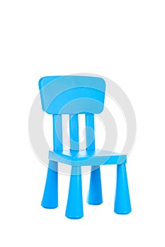 Cute small blue plastic chair for kids isolated on white background