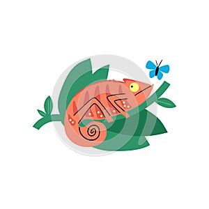 Cute small brown chameleon hunting on butterfly in foliage, vector cartoon tropical lizard, predator animal, exotic pet