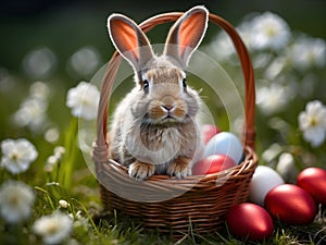 cute small bunny in basket with easter eggs blooming flowers and springtime nature background