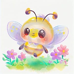 Cute small cartoon bee. Watercolor style. Generative Ai