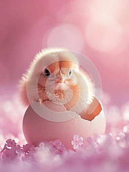 Cute small chick sitting in cracked eggshell. Soft pastel pink Easter greeting card. AI Generated