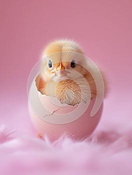 Cute small chick sitting in cracked eggshell. Soft pastel pink Easter greeting card. AI Generated