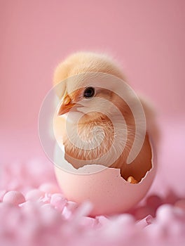 Cute small chick sitting in cracked eggshell. Soft pastel pink Easter greeting card. AI Generated