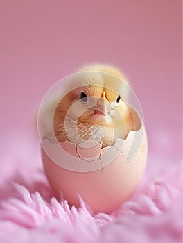 Cute small chick sitting in cracked eggshell. Soft pastel pink Easter greeting card. AI Generated