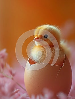Cute small chick sitting in cracked eggshell. Soft warm apricot Easter greeting card. AI Generated