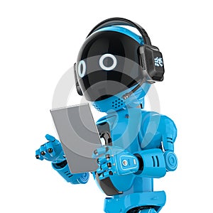 Cute and small artificial intelligence personal assistant robot with digital tablet isolated