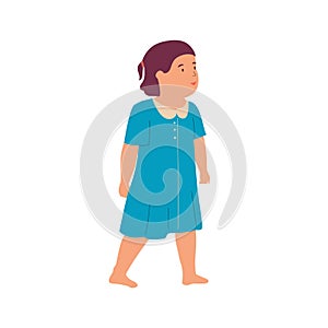 Cute small doodle girl. Cartoon baby in blue dress. Barefoot walking kid. Happy character playing in kindergarten