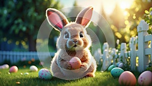 Cute small Easter bunny with Easter eggs. 3D render