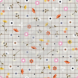 Cute small Flowers Seamless pattern on check background