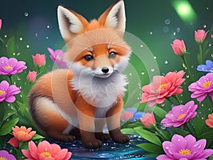 cute small fox cub in a colorful flower garden
