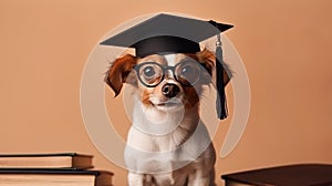 Cute small ginger white dog student in glasses and an academic cap Mortarboard next to books Study and education concept