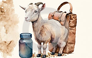 cute small goat figure with a bag and a cup of coffee