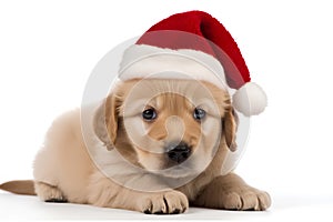 Cute small golden retriever puppy in Santa Claus Christmas red hat lying on white background
