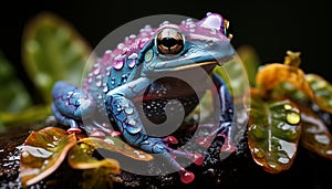 A cute, small, green toad sitting on a wet leaf generated by AI