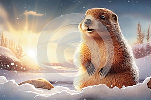 Cute small groundhog in snow in the sunshine.