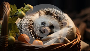 Cute small hedgehog looking alert in fluffy autumn forest generated by AI