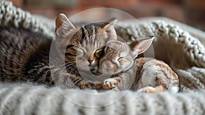 Cute small kitten and a baby rabbit sleeping together on a knitted blanket