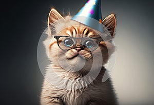 Cute small kitten cat wearing a party hat at a birthday party celebration event. generative ai